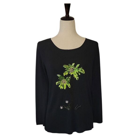 Lucia Burns Sweaters - Lucia Burns Black Palm Tree Embellished 3/4 Sleeve Sweater Size L
